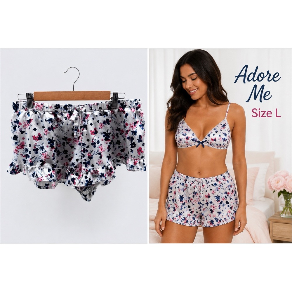 Adore Me Womens Size L Floral Satin Ruffle Sleep Shorts Lounge Pajama Pink Blue
